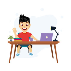 Happy cute kid boy character siting on desk studying with laptop computer lamp isolated