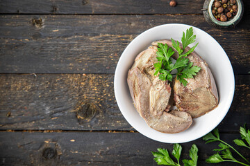 tongue pork cooked meat boiled fresh meal snack on the table copy space food background rustic 