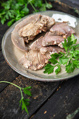 tongue pork cooked meat boiled fresh meal snack on the table copy space food background rustic 