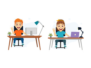 Happy cute kid boy and girl character siting on desk studying with laptop computer lamp waving