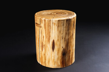 Style wooden countertop slab, saw cut wood treated with varnish close-up on black. Isolate.