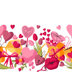 Happy Valentine Day seamless pattern. Holiday background with romantic and love symbols.