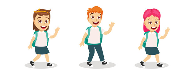 Happy cute beautiful kid boy and girl character going to school