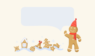 Traditional Christmas gingerbread cookie. Design for the decoration of a New Year's banner, postcard with a place for text. Festive figured biscuit. Vector illustration, background isolated.