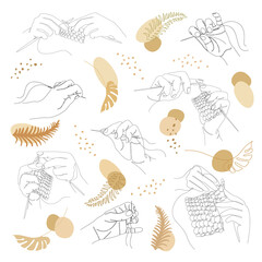 Collection. Silhouettes of a human hand that knits and sews with a needle and thread in a modern style in one line. Solid line, sketches, posters, stickers, logo. Set of vector illustrations.