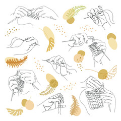 Collection. Silhouettes of a human hand that knits and sews with a needle and thread in a modern style in one line. Solid line, sketches, posters, stickers, logo. Set of vector illustrations.