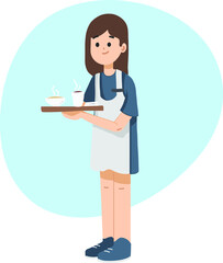 Fototapeta premium Girl holding tray and serving coffee, tea at coffee shop. Cute waitress serving coffee. Flat isolated vector illustration.