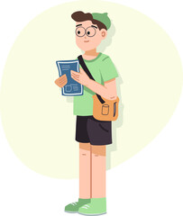 Obraz na płótnie Canvas Boy with a menu card placing order at cafe. Traveler stylish boy isolated vector illustration. Simple Lean Slim Boy with Side Sling bag green tshirt and beret and shoes.