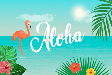Aloha. Vector Banner, Card with Tropic Leaves, Flamingo, Flowers. Tropical Background. Vector Illustration. Exotic, Summer, Tropic Concept. Design for Invitation, Announcement, Poster, Advertisement