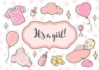 Happy Birthday greeting and invitation card. Holiday baby girl shower celebration simbols.