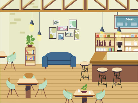 Interior cafe scene with furniture and accessories. Modern Wooden coffeehouse interior flat vector illustration design. First Date Romantic Set. Game Set. Cafe Scene. Bistro Bar Restaurant Fine Dining