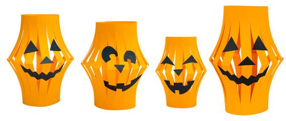 Halloween paper lanterns set isolated on white background. Orange paper lanterns in the form of...