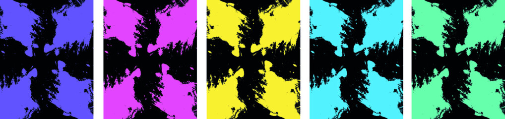 Set of abstract backgrounds. Bright elements on a black background. Drawing with oil paints on black canvas. Blots from paints. Drawing with brushes
