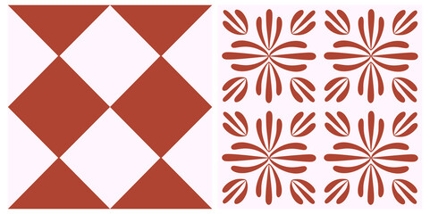 Tile portugal flower seamless pattern set. Red color geometric background. Traditional azulejo repeat ornament. Vector monochrome pattern collection.Abstract vintage print for fabric,packaging