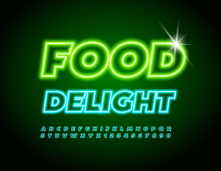 Vector neon banner Food Delight. Glowing bright Font. Electric Alphabet Letters and Numbers set