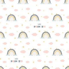 cute cartoon princess rainbow seamless pattern, vector illustration