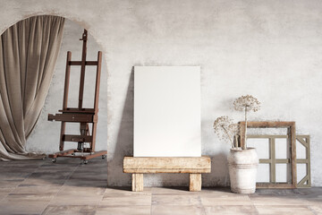Fototapeta na wymiar Artist's workshop with a blank vertical canvas on a wooden stool next to an arched doorway, with dried flowers in a large clay pot, wooden picture frames, curtain and easel in the background.3d render