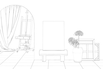 Sketch of the artist's workshop with a blank vertical canvas on a stool next to an arched doorway, with dried flowers in a large clay pot, picture frames, curtain and easel in the background.3d render