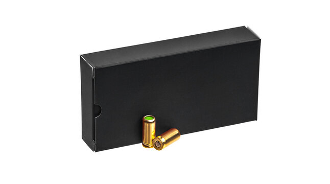 Box of cartridges for a traumatic gun isolate on a white back. Сartridges with rubber bullets for a traumatic gun.