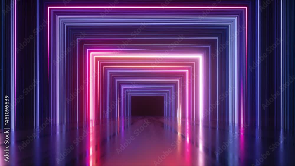 Aufkleber looping 3d animation, abstract background with square frame. empty stage illuminated with neon lines