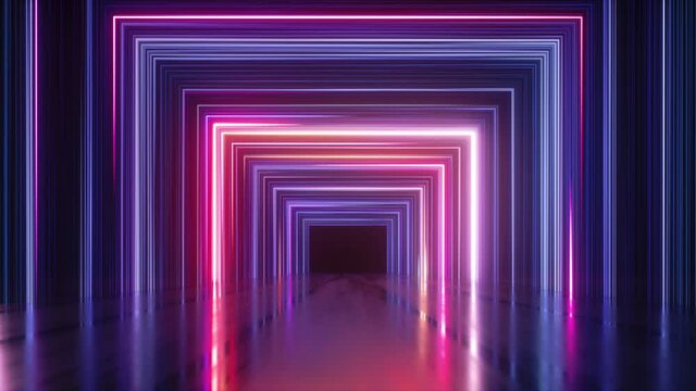 looping 3d animation, abstract background with square frame. Empty stage illuminated with neon lines and laser beams
