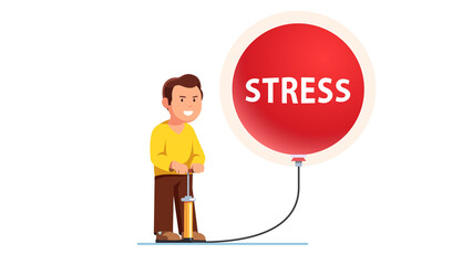 Man pumping big overblown stress balloon bubble 