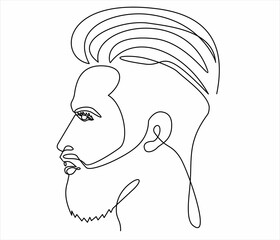 Continuous one line drawing of man hipster portrait. Hairstyle of a beard mustache bangs. Fashionable men's style.