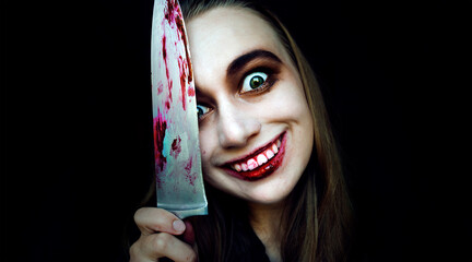 Distraught tear-stained woman holding a knife and looking at the camera, isolated on black background. Crazy smile. Halloween or horror theme.
