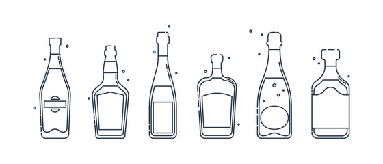 Bottle martini whiskey wine liquor champagne rum line art in flat style. Restaurant alcoholic illustration for celebration design. Design contour element. Beverage outline icon. Isolated.