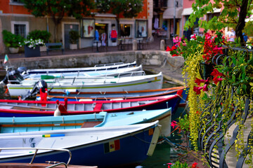 Fototapeta na wymiar characteristic wooden boats in Limone sul Garda Italy