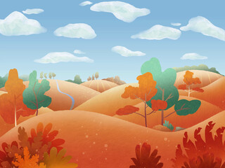Fototapeta na wymiar Illustration in flat linear style and texture - autumn background - landscape illustration with plants, with a stream of water, trees and copy space for text - for autumn banners. Blue sky with clouds