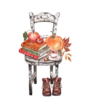 Autumn arrangement, watercolor painting. Books, pumpkin, cup of tea, leaves, boots on a vintage wood birch chair. Cozy fall mood illustration.