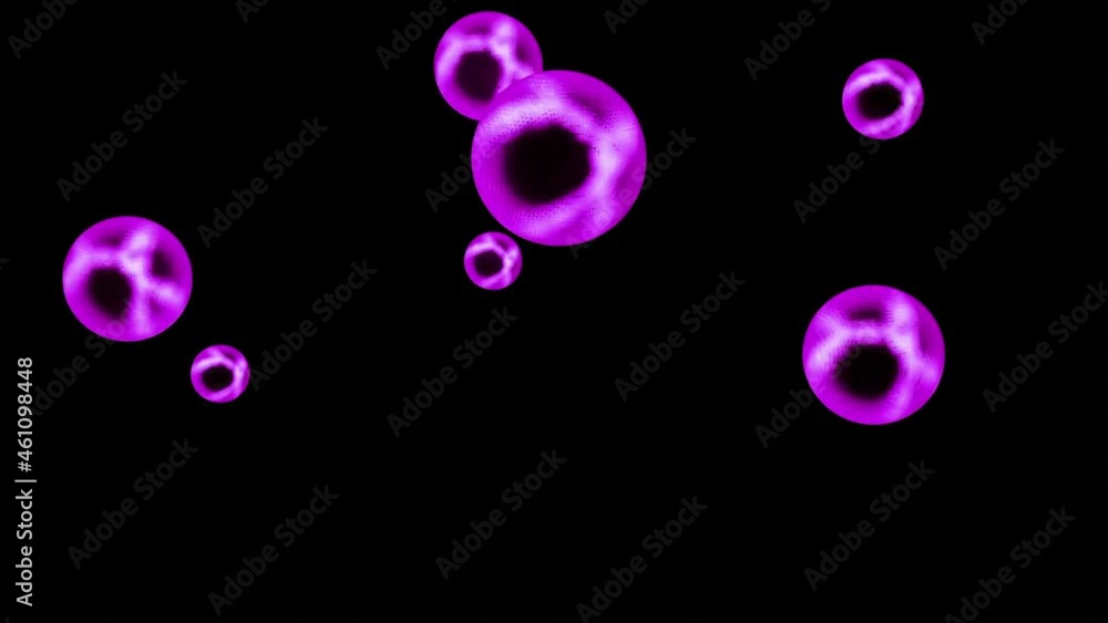 Poster abstract colorful transparent glowing spheres rotating isolated on a black background, seamless loop