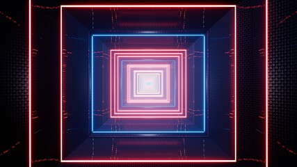 Red and Blue Rectangle Light in the Metal Tunnel 3D Rendering