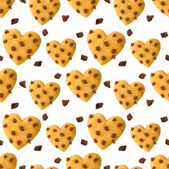 Cookies in the shape of a heart with pieces of chocolate. Seamless pattern for packaging design, textiles, or clothing printing