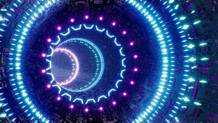 Glowing Neon Light Sci fi Pattern Textured Tunnel 3D Rendering