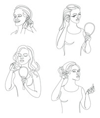 Collection. Silhouettes of a lady. The girl does mauiyage, paints lips, eyelashes, cheeks, earrings in a modern solid line style. Sketches, posters, stickers, logo. Set of vector illustrations.