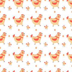 Seamless vector pattern with hens, chickens and eggs on a white background