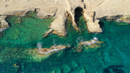 Aerial drone photo of sunk shipwreck near famous bay of Sarakiniko, Milos island, Cyclades, Greece