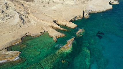 Aerial drone photo of sunk shipwreck near famous bay of Sarakiniko, Milos island, Cyclades, Greece