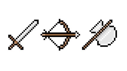 Pixel edged weapons set. Sharp medieval crusader sword with powerful combat bow. Antique heavy steel ax for 8bit pixelated vector games