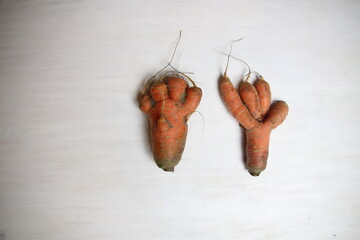 Unusual carrot, looking like hand and feet, ugly food on white background