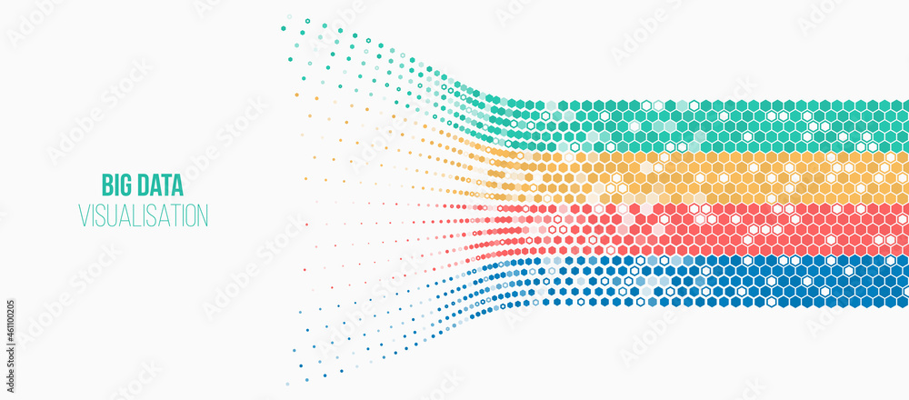 Fototapete Big data visualization. Information analytics concept. Abstract stream information with hexagons array and binary code. Filtering machine algorithms. Sorting data. Vector technology background.