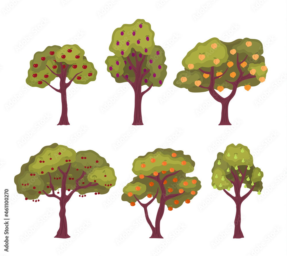 Poster cartoon color fruit trees set flat design style include of ripe apple, orange and pear. vector illus