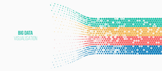 Big data visualization. Information analytics concept. Abstract stream information with hexagons array and binary code. Filtering machine algorithms. Sorting data. Vector technology background.