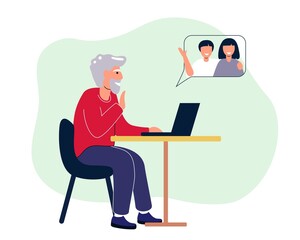 Happy grandfather with laptop calls grandchildren Cute old men working on computer at home Online education Web courses Modern technologies and old age concept Vector illustration in flat style