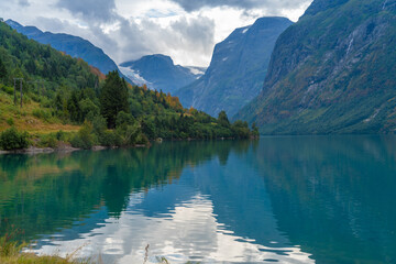Stunning view of the Lovatnet (Loenvatnet) lake, Stryn, Vestland, Norway. Formed by meltwater from...
