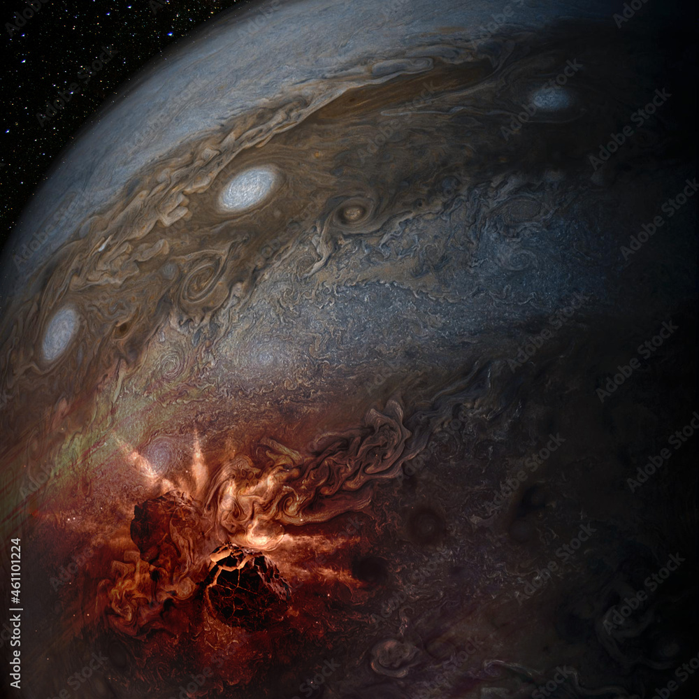 Poster jupiter planet and meteorites collision. elements of this image furnished by nasa.