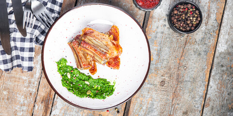 ribs fried grill pork or beef B-B-Q fat food spices spicy fresh meal snack on the table copy space food background rustic 