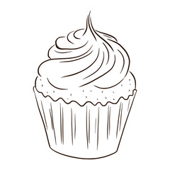 Line Art Cupcake Illustration. Food tasty sketch for stickers, invitation, harvest, logo, recipe, menu and greeting cards decoration